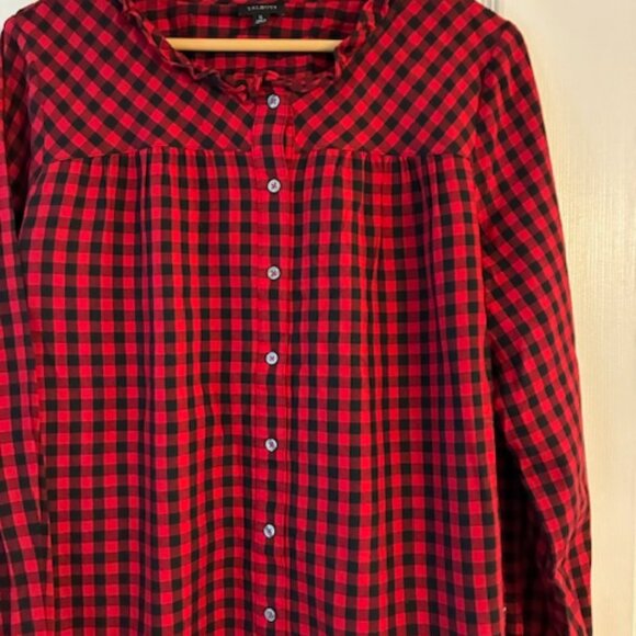 Talbots Women's Black Red Plaid Cotton Long Sleeve Button Ruffle Collar Shirt L - Picture 2 of 11